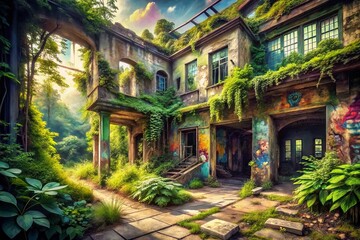Fototapeta premium Urban Exploration Photography: A Watercolor Dreamscape of Abandoned Buildings and Lush Graffiti, Capturing the Beauty of Decay in Vibrant Hues and Artistic Expression