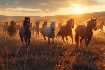 Obraz premium Wild Horses Running Free at Sunset