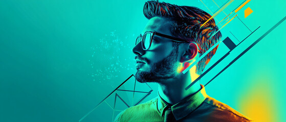 Stylish Man with Glasses in Neon Lights and Geometric Shapes