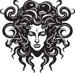 Vector illustration of a woman’s face with flowing, intricate curls, evoking a Medusa-inspired style. Ideal for tattoo art, mythology, and elegant design themes