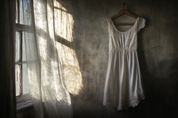 Elegant lace wedding dress hanging near a softly lit window in a serene room during the morning light