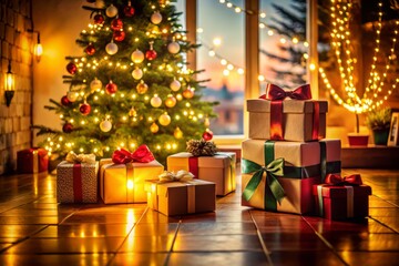Silhouette of Christmas Presents Under the Tree: A Festive Display of Gifts on the Floor Illuminated by Soft Light, Creating a Magical Holiday Atmosphere for the Season