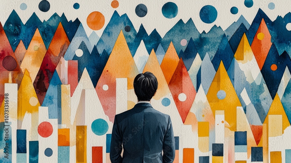 Poster a person stands before a vibrant abstract landscape of mountains and geometric shapes, blending colo