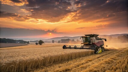 Obraz premium Urban Exploration Photography of a Combine Harvester in a Golden Field at Sunset, Capturing the Beauty of Agriculture and Machinery in a Serene Landscape