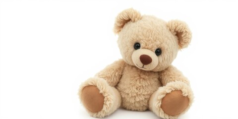 Obraz premium Toy teddy bear isolated on white background with fluffy fur and black button eyes, toy