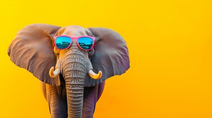 elephant wearing sunglasses on a yellow color background, vector art, digital art, faceted, minimal, abstract, panorama background. Generative AI.
