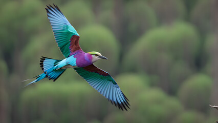 Fototapeta premium Lilac breasted roller flying over the forest, AI Generated