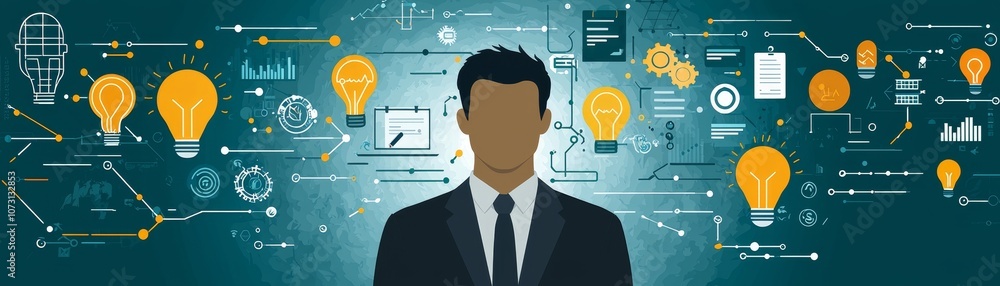 Aufkleber a professional figure stands in front of a digital backdrop filled with lightbulbs and technology-re