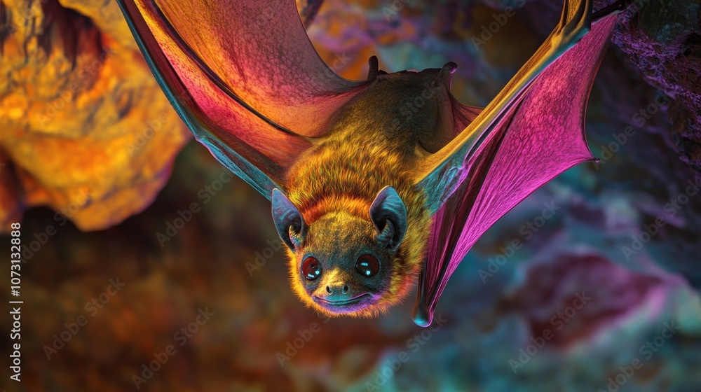 Poster a bat with colorful wings hangs upside down in a cave with a colorful background.