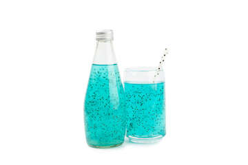 Diet detox cocktail with basil and chia seeds in glass jar and glass isolated on white background....
