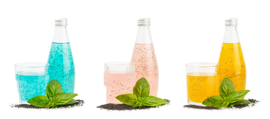 Diet detox cocktail with basil and chia seeds in glass jar and glass isolated on white background....