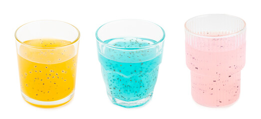 Diet detox cocktail with basil and chia seeds in glass jar and glass isolated on white background....