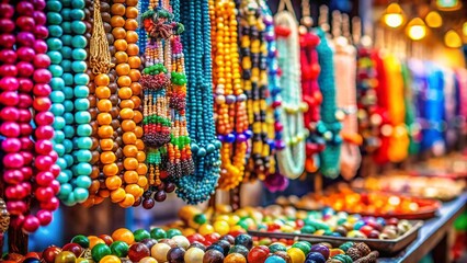Vibrant Display of Colorful Beaded Necklaces at a Market Stall with Bokeh Effect for Captivating Visual Appeal and Artistic Photography