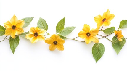 Naklejka premium Yellow blooming flowers with green leaves on white background