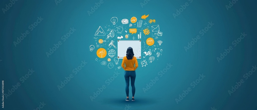 Poster a person stands in front of a screen, surrounded by colorful icons and symbols representing ideas, c
