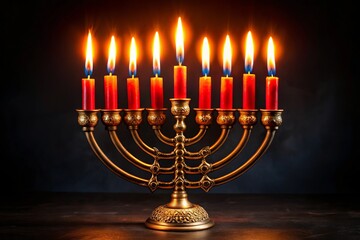 Traditional Hanukkah Candelabrum with Burning Candles on Black Background Celebrating Jewish Holiday in a Beautifully Styled Banner Format for Religious Significance