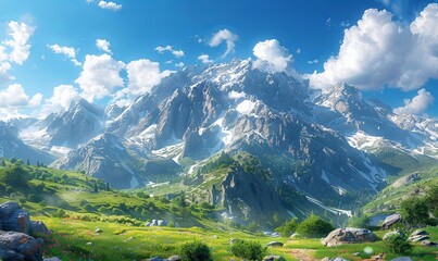 Naklejka premium Above the stunning Dolomites, a vibrant mountain landscape unfolds, adorned with lush greenery and majestic peaks, illuminated by the warmth of a sunny day