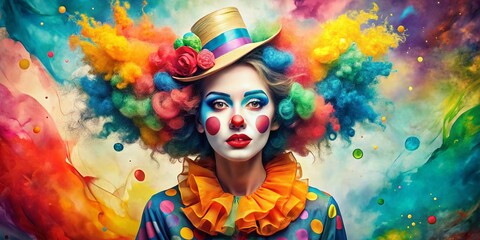 Vibrant Fashion Photography Featuring a Whimsical Clown in Watercolor Style, Showcasing Playful Textures and Colorful Patterns for Unique Artistic Inspiration