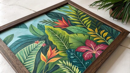 Vibrant Gouache Tropical Square Frame Featuring Lush Jungle Leaves Perfect for Nature-Themed Designs and Eco-Friendly Projects with Ample Copy Space for Creative Use
