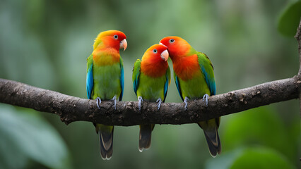 Fototapeta premium Lovebirds perched close in the jungle, Ai Generated