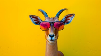 Gazella wearing sunglasses on a yellow color background, vector art, digital art, faceted, minimal, abstract, panorama background. Generative AI.