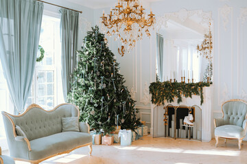 Cozy interior with a decorated Christmas tree and elegant furnishings