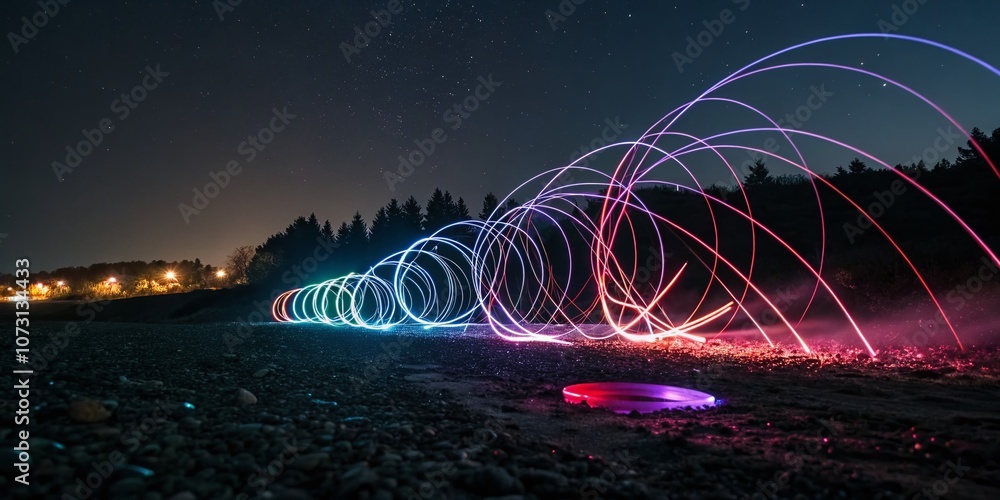 Poster vibrant led light particles swirling in darkness creating a mesmerizing night photography scene with