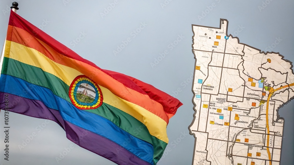 Poster vibrant minnesota state map with big waving national flag on gray background, showcasing state pride
