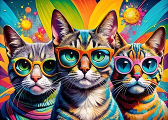 Vibrant Pop Art Illustration of Stylish Cats in Sunglasses with Colorful Background Perfect for Trendy Home Decor and Modern Art Lovers