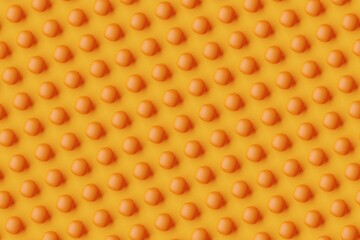 Many oranges on orange background. Top flat view, symmetrical grid. 3d render, illustration