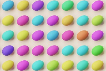 Many colorful eggs on peach puff background. Top flat view, vertical. 3d render, illustration
