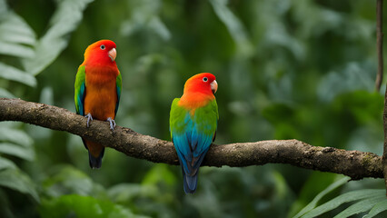 Obraz premium Lovebirds perched close in the jungle, Ai Generated