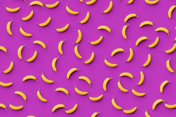 Many bananas on purple background. Top flat view, disorder. 3d render, illustration