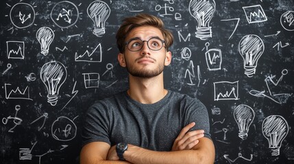 A thoughtful young man stands confidently in front of a blackboard filled with doodles of light bulbs, charts, and graphs, symbolizing innovation and creativity.
