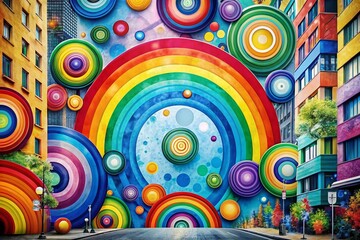 Obraz premium Vibrant Rainbow Circle Watercolor Pattern for Diverse Backgrounds, Perfect for Creative Projects and Artistic Designs in Contemporary Urban Exploration Photography