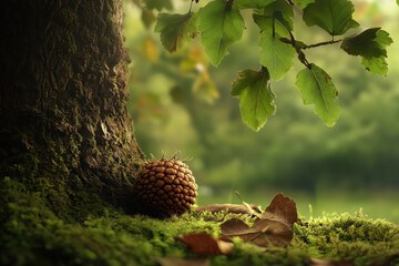 A spiky seed pod rests on a mossy forest floor beneath lush green leaves, capturing the tranquility and harmony of nature in a peaceful woodland scene.