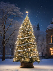 Fototapeta premium Beautiful festive decorated Christmas tree on the city street during winter night 