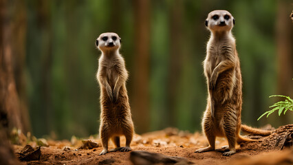 Fototapeta premium Meerkat standing up in vibrant forest, Ai Generated