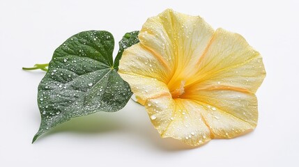 Fototapeta premium Yellow flower with dew-drenched green leaf on white background capturing nature's morning beauty