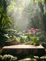 A serene, natural scene with a modern lush, green backdrop. The foreground features large, smooth, moss-covered stones, .generative ai