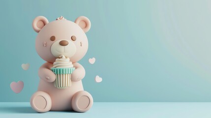 Obraz premium A cartoon teddy bear holding a cupcake with hearts floating in the background.