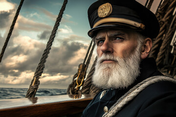 Elderly white male sea captain with a distinguished beard, wearing a navy uniform, gazing intently against a backdrop of a sea voyage and dramatic skies.