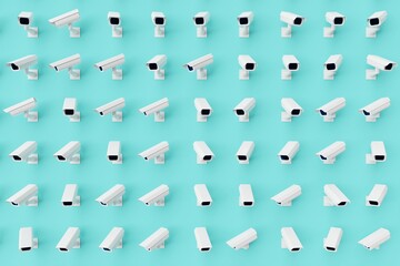 Many cctv on turquoise background. Top flat view, cameras looking at all directions. 3d render, illustration