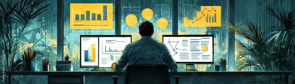 Poster a person analyzes data on dual monitors surrounded by greenery, immersed in insights and trends depi