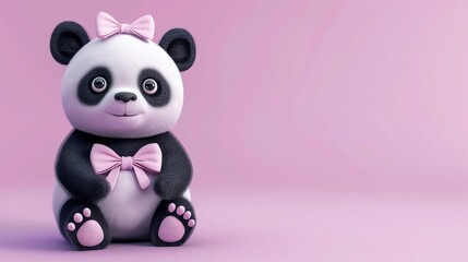 Fototapeta premium A cartoon panda with a pink bow on a pink background.