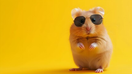 hamster wearing sunglasses on a yellow color background, vector art, digital art, faceted, minimal, abstract, panorama background. Generative AI.