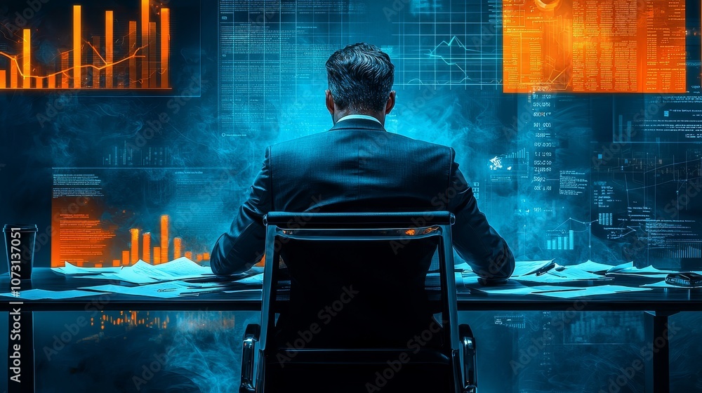 Poster a person in a suit sits at a desk, surrounded by glowing screens displaying data and graphs, immerse