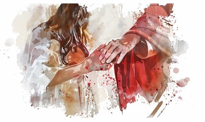 A woman with a chronic condition reaches out to touch the robe of Jesus, highlighting her unwavering faith. This digital art captures the powerful moment of divine healing