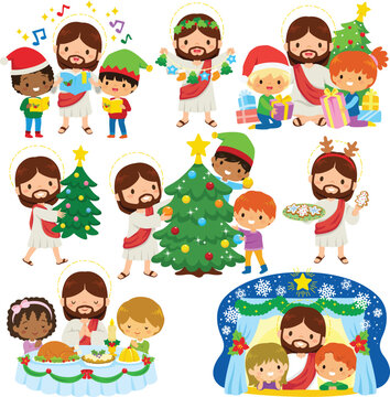 Christmas with Jesus and Kids Clipart Set &ndash; Children Celebrating Christmas with Jesus in a Christian Spirit
