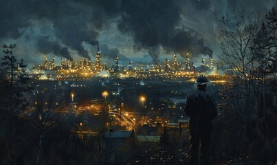 An engineer wearing a uniform and helmet stands confidently at a workplace, using a tablet and laptop to oversee team activities at a vibrant oil refinery under night lights